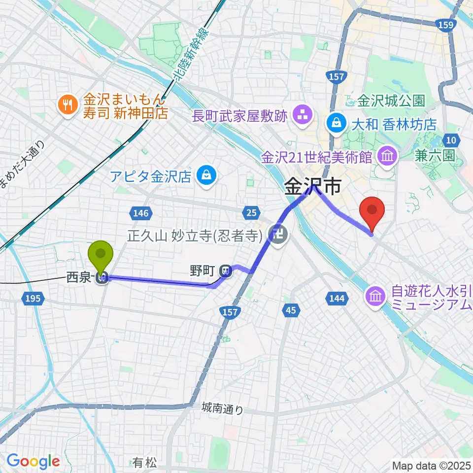 西泉駅から金沢AZへのルートマップ地図