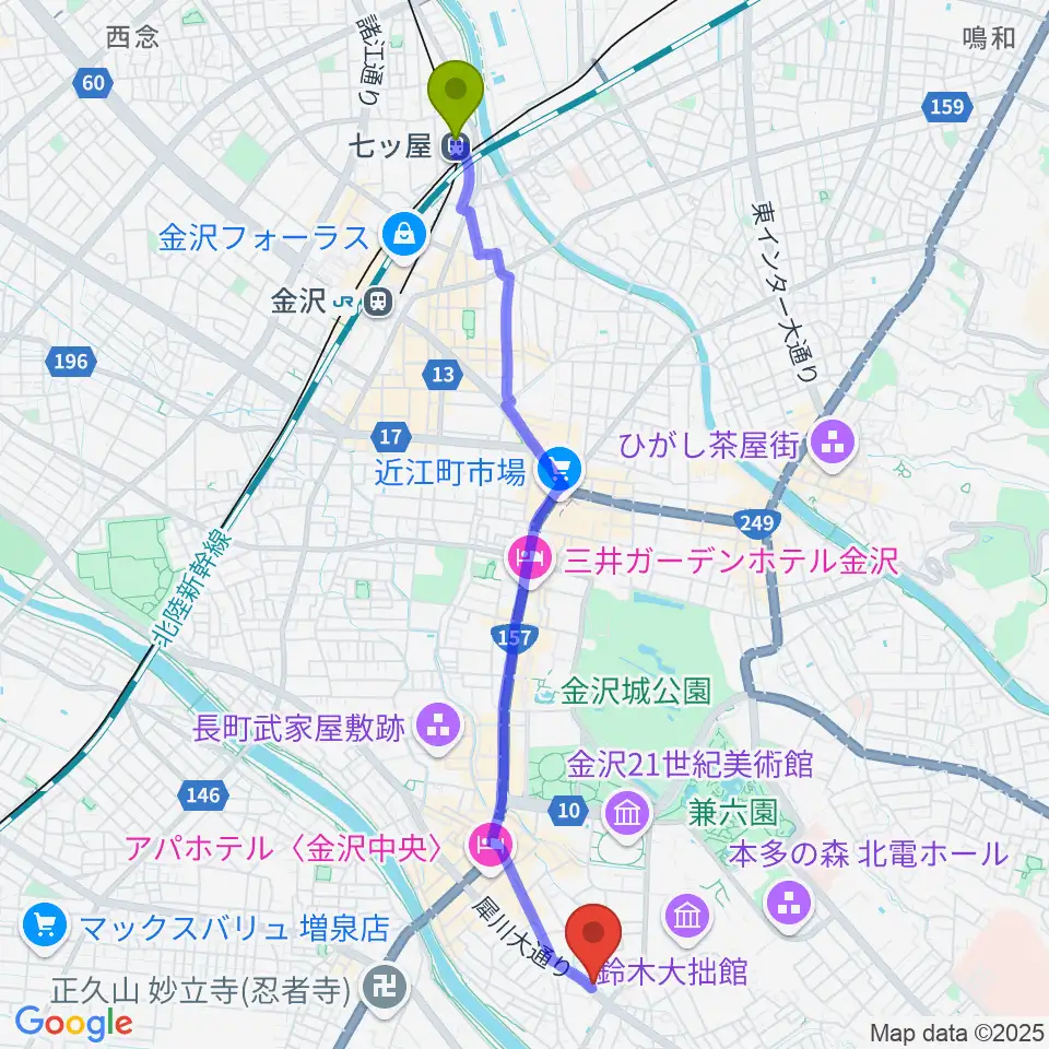 七ツ屋駅から金沢AZへのルートマップ地図