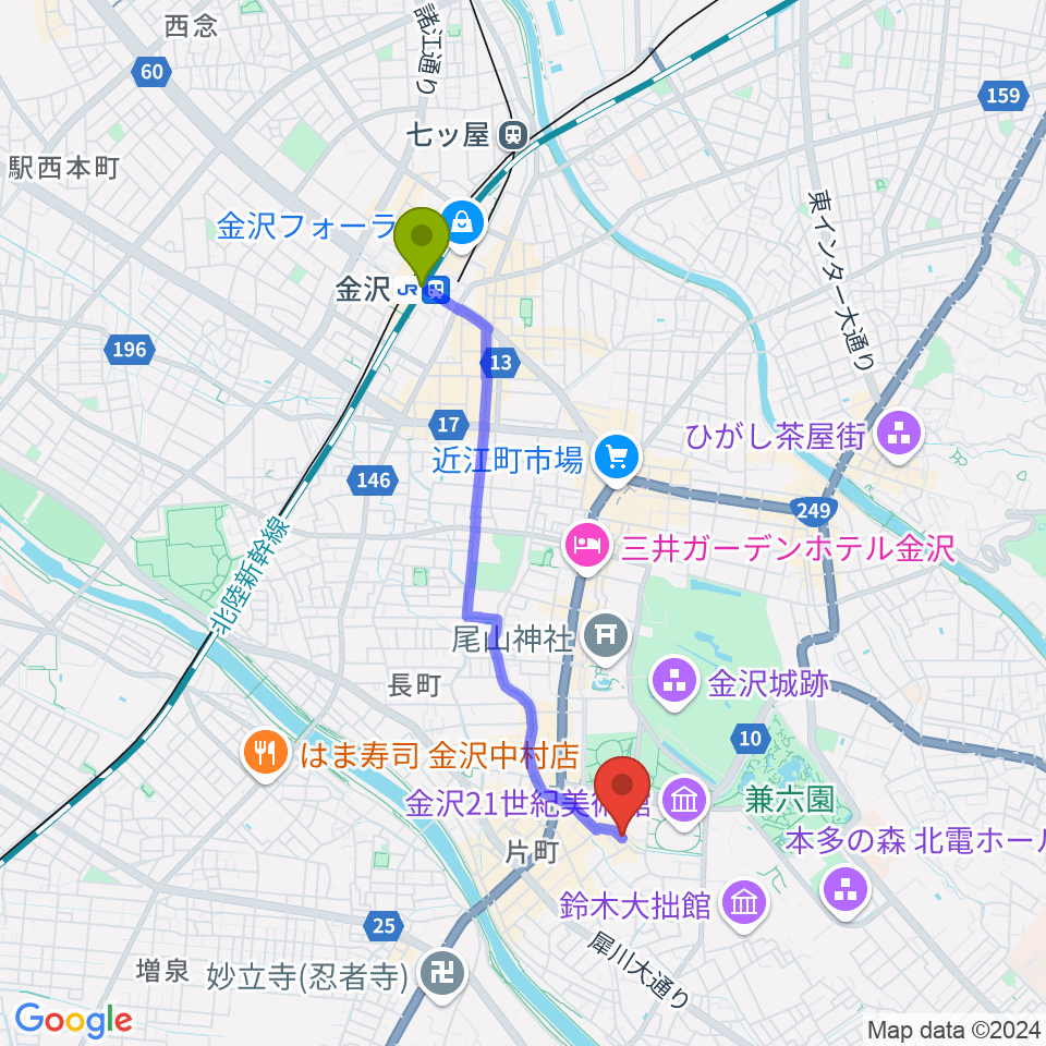 金沢駅から金沢もっきりやへのルートマップ地図