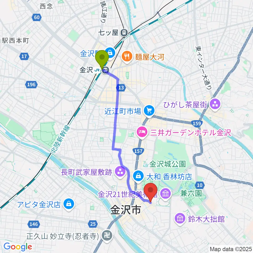 金沢駅から金沢もっきりやへのルートマップ地図