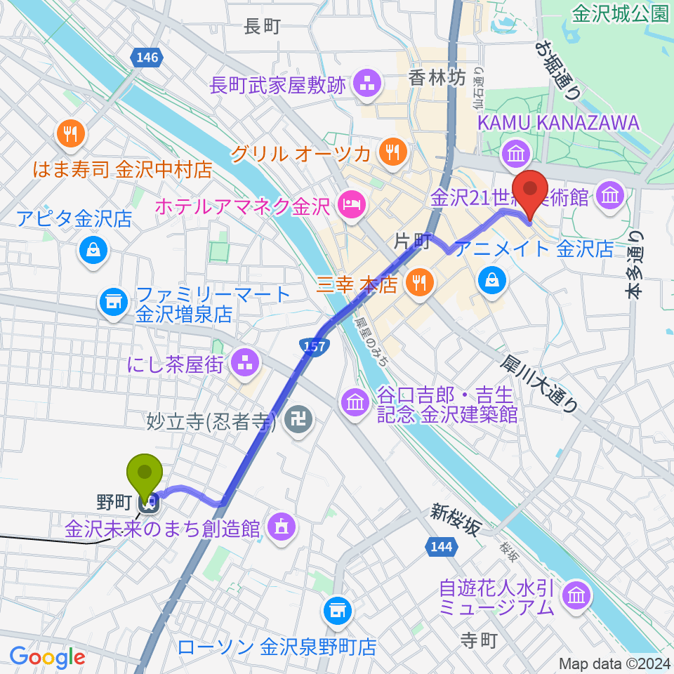 金沢もっきりやの最寄駅野町駅からの徒歩ルート（約22分）地図