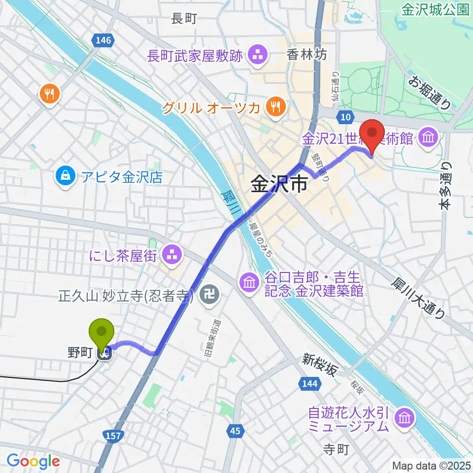 金沢もっきりやの最寄駅野町駅からの徒歩ルート（約22分）地図