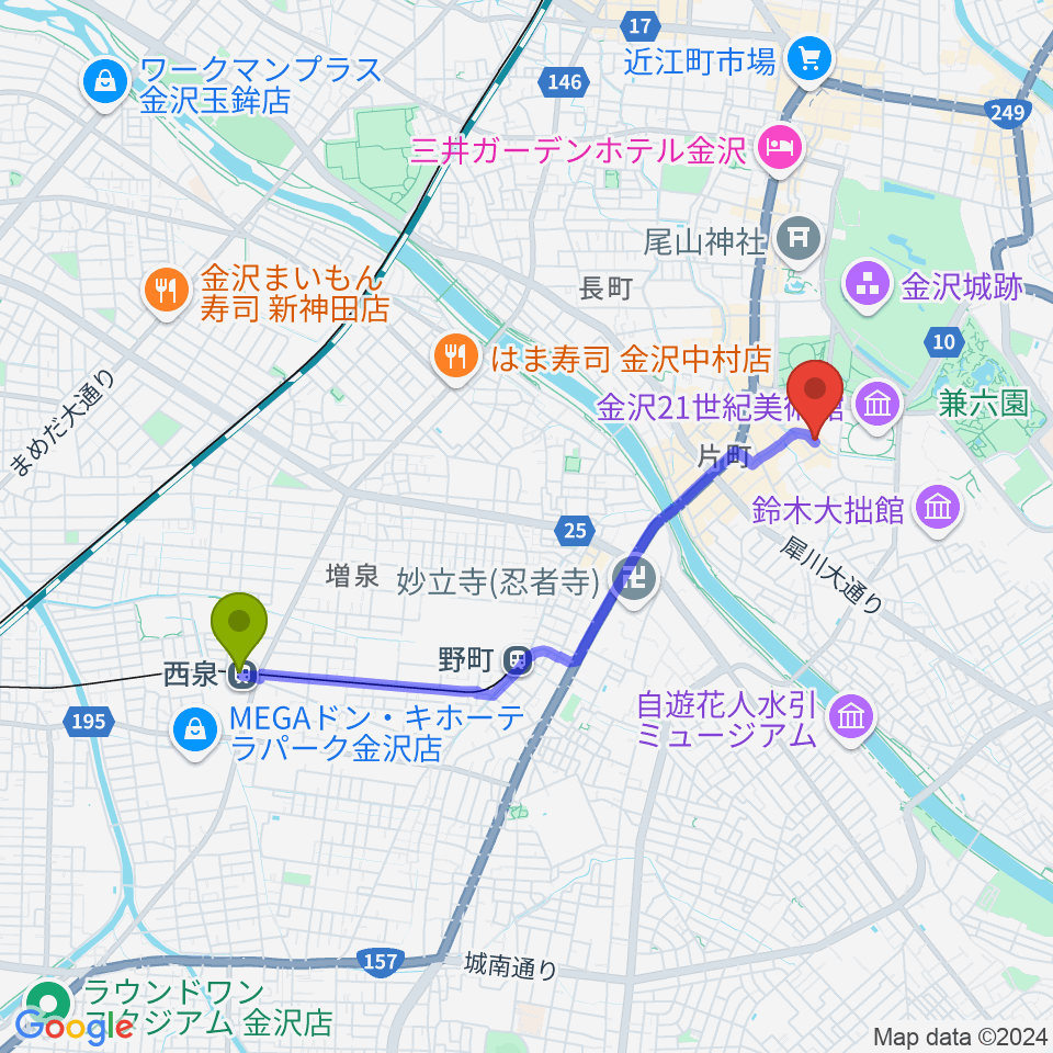 西泉駅から金沢もっきりやへのルートマップ地図