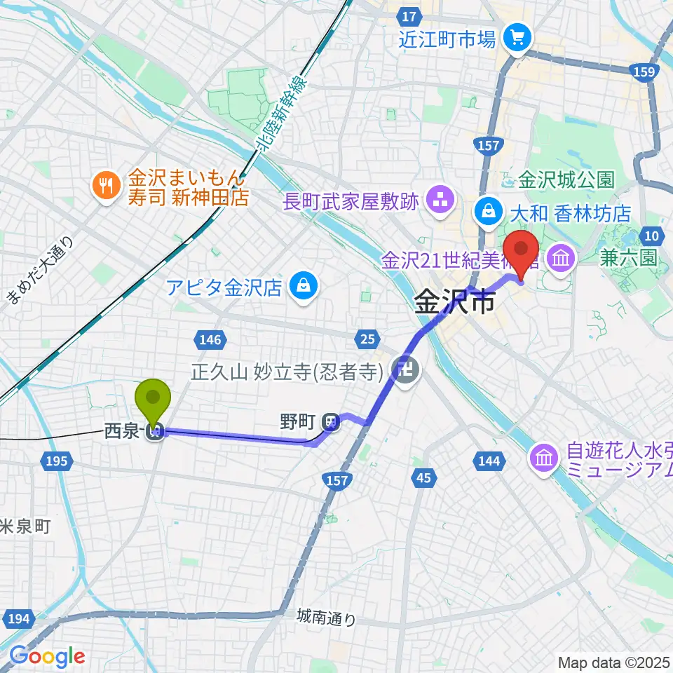 西泉駅から金沢もっきりやへのルートマップ地図