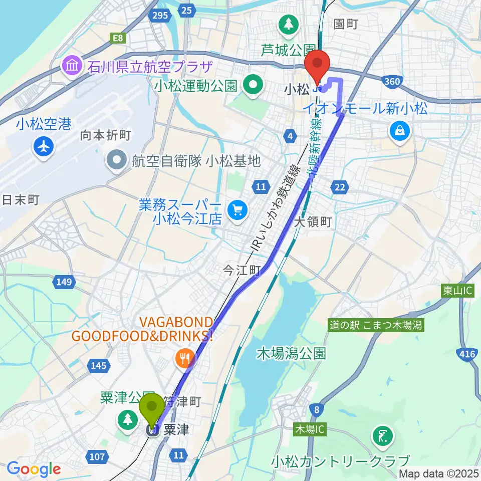 粟津駅から小松市民交流プラザ The MAT'Sへのルートマップ地図