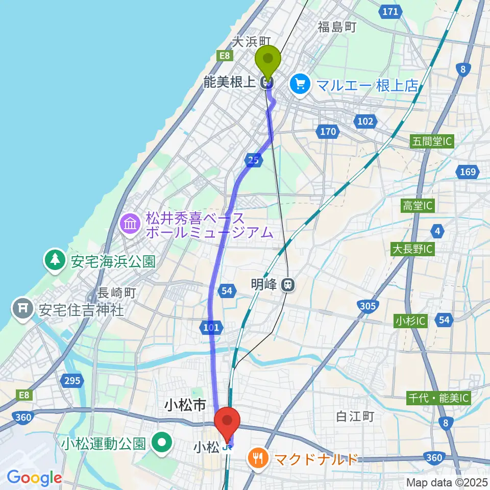 能美根上駅から小松市民交流プラザ The MAT'Sへのルートマップ地図