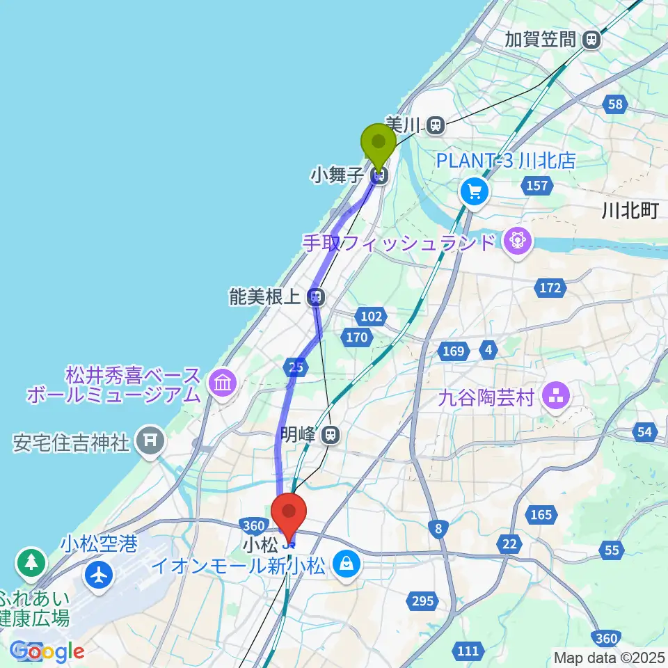 小舞子駅から小松市民交流プラザ The MAT'Sへのルートマップ地図