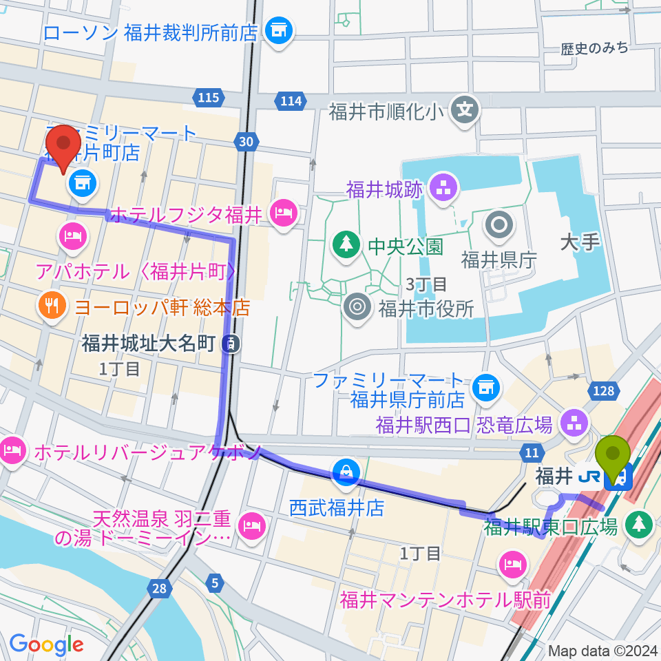 福井駅からシライハウスへのルートマップ地図