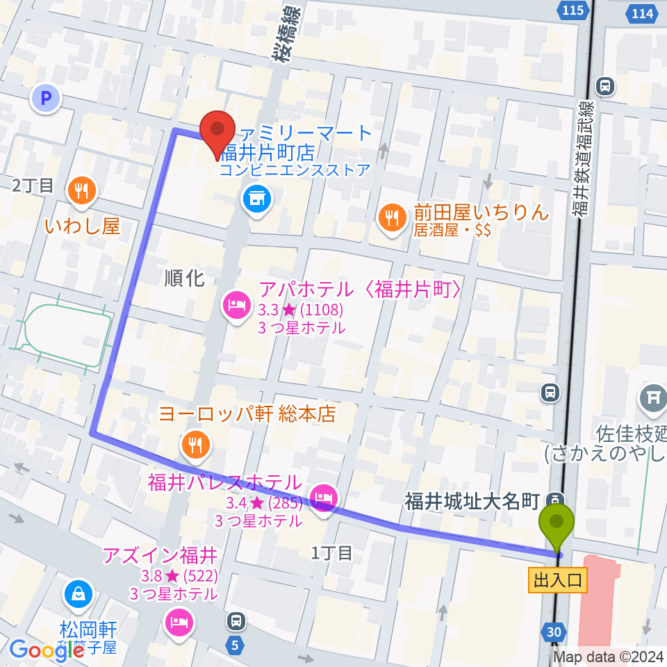 シライハウスの最寄駅福井城址大名町駅からの徒歩ルート（約6分）地図