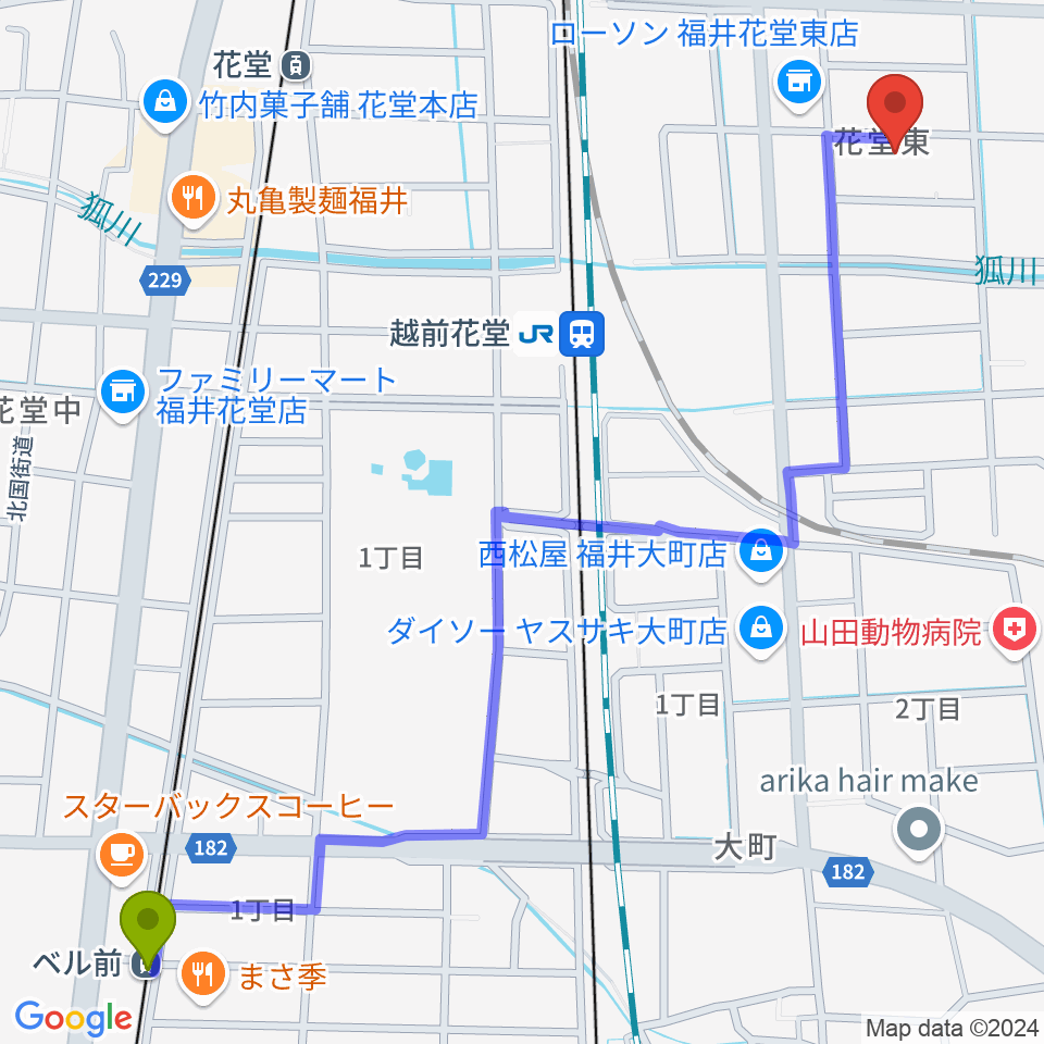 ベル前駅から福井CHOPへのルートマップ地図