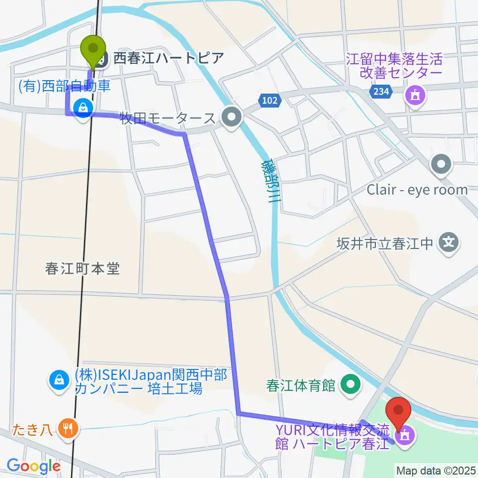 西春江ハートピア駅からハートピア春江へのルートマップ地図