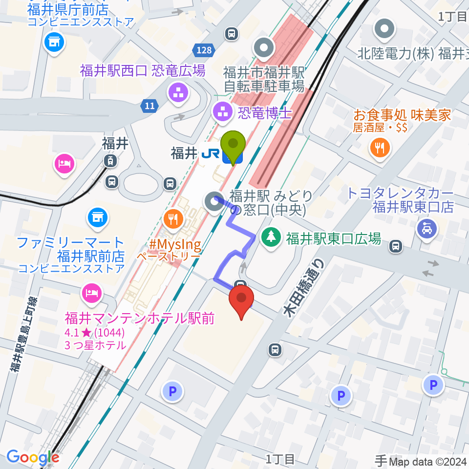 福井県県民ホールの最寄駅福井駅からの徒歩ルート（約3分）地図