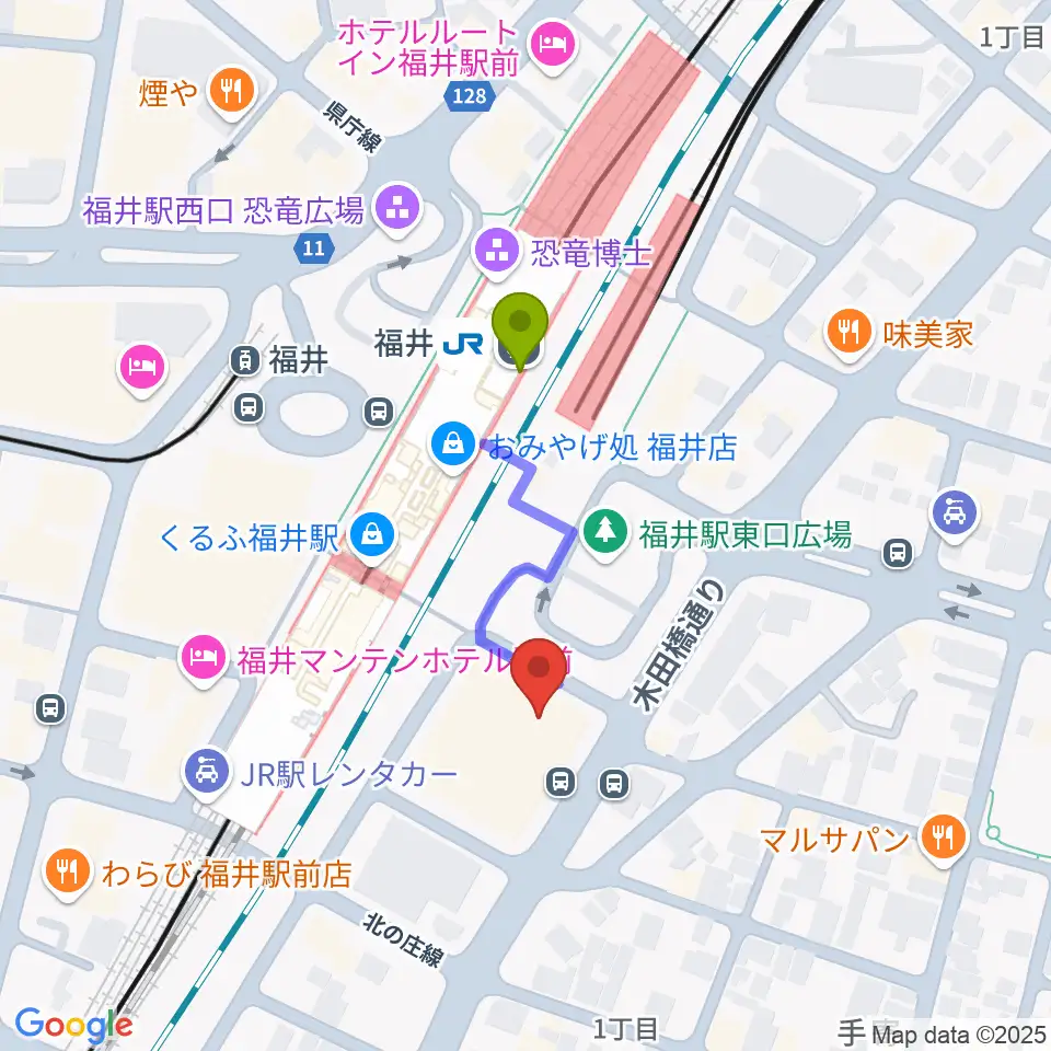 福井県県民ホールの最寄駅福井駅からの徒歩ルート（約3分）地図