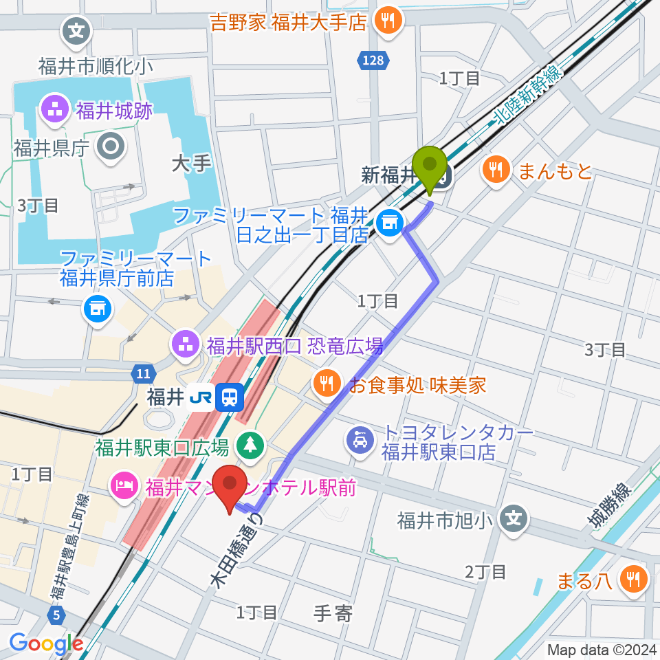 新福井駅から福井県県民ホールへのルートマップ地図