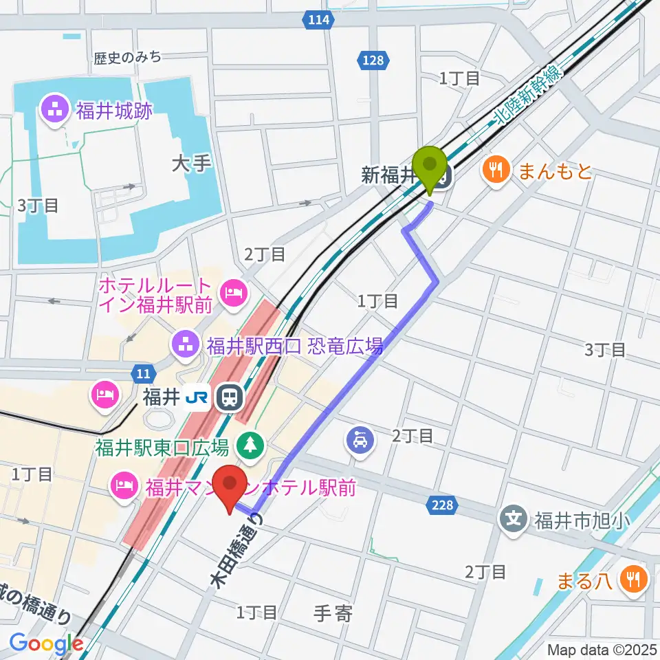 新福井駅から福井県県民ホールへのルートマップ地図