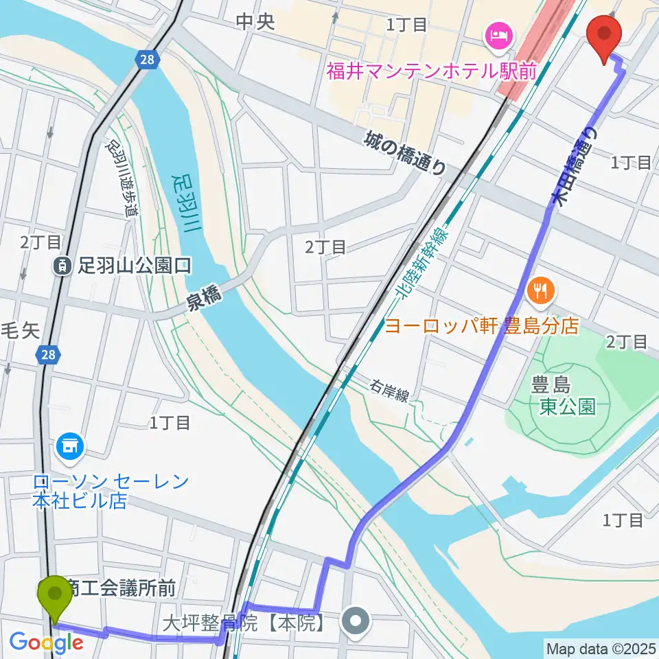 商工会議所前駅から福井県県民ホールへのルートマップ地図