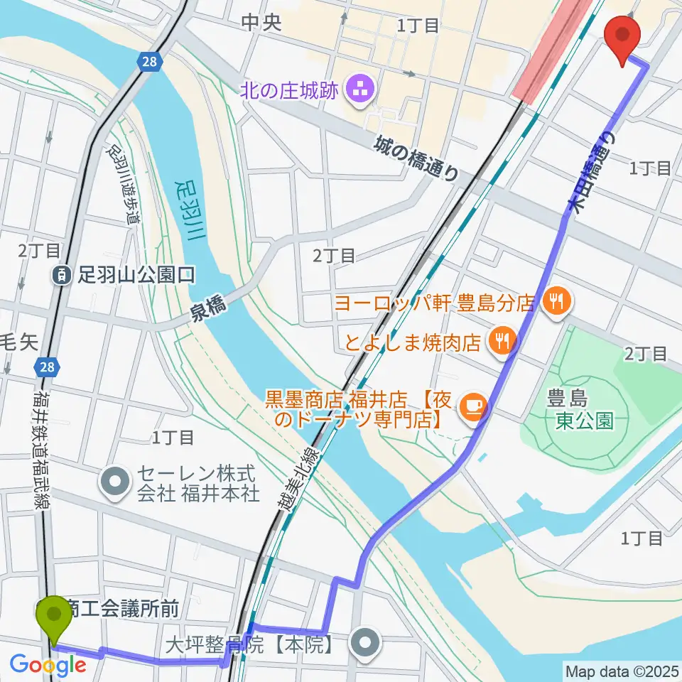 商工会議所前駅から福井県県民ホールへのルートマップ地図