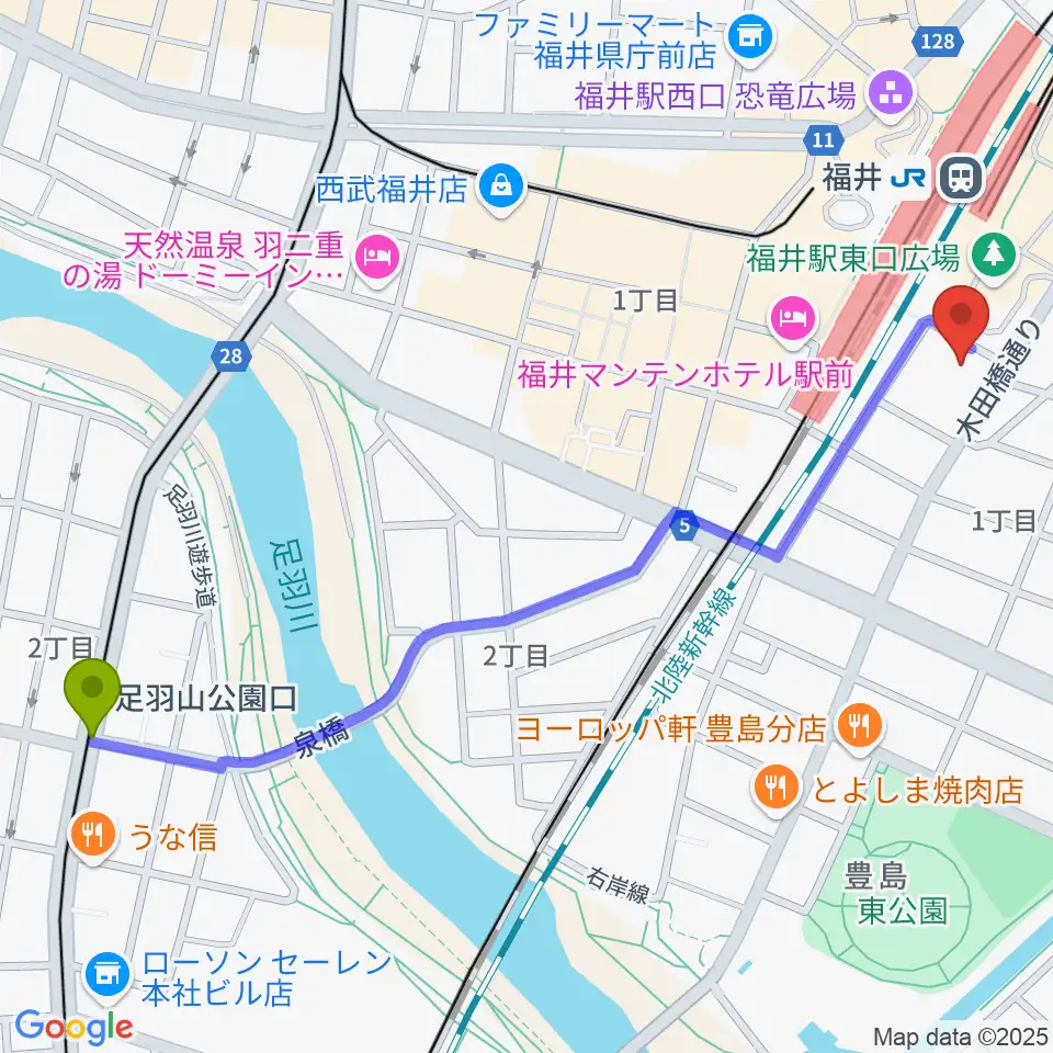 足羽山公園口駅から福井県県民ホールへのルートマップ地図