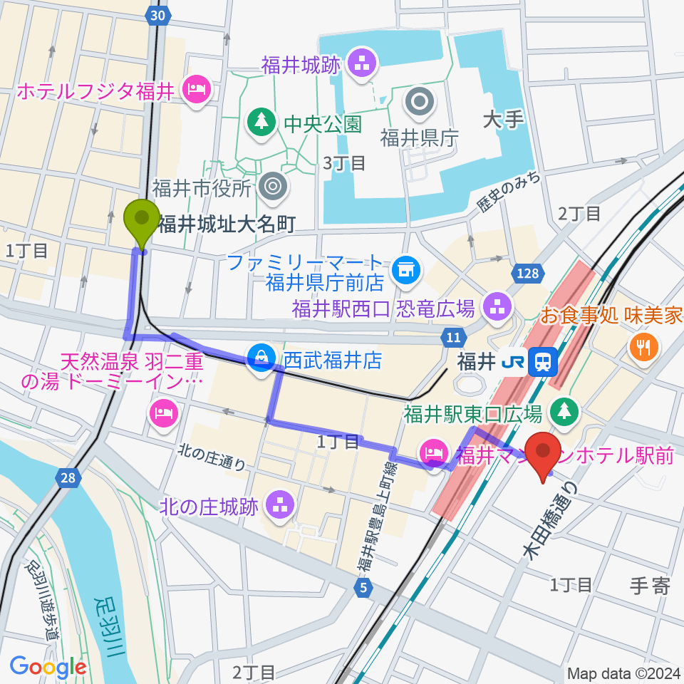 福井城址大名町駅から福井県県民ホールへのルートマップ地図