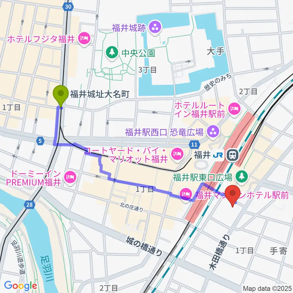福井城址大名町駅から福井県県民ホールへのルートマップ地図