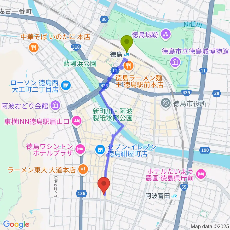 徳島駅からclub GRINDHOUSEへのルートマップ地図