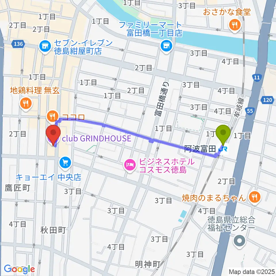 club GRINDHOUSEの最寄駅阿波富田駅からの徒歩ルート（約10分）地図