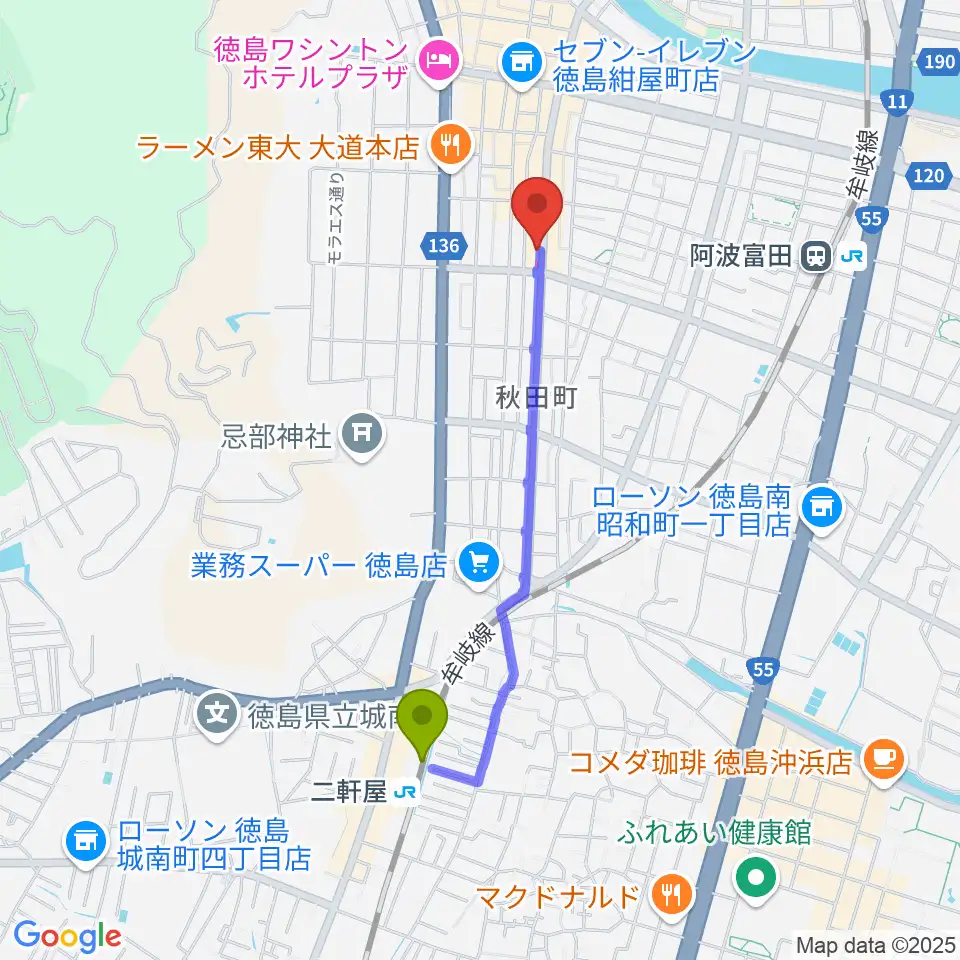 二軒屋駅からclub GRINDHOUSEへのルートマップ地図