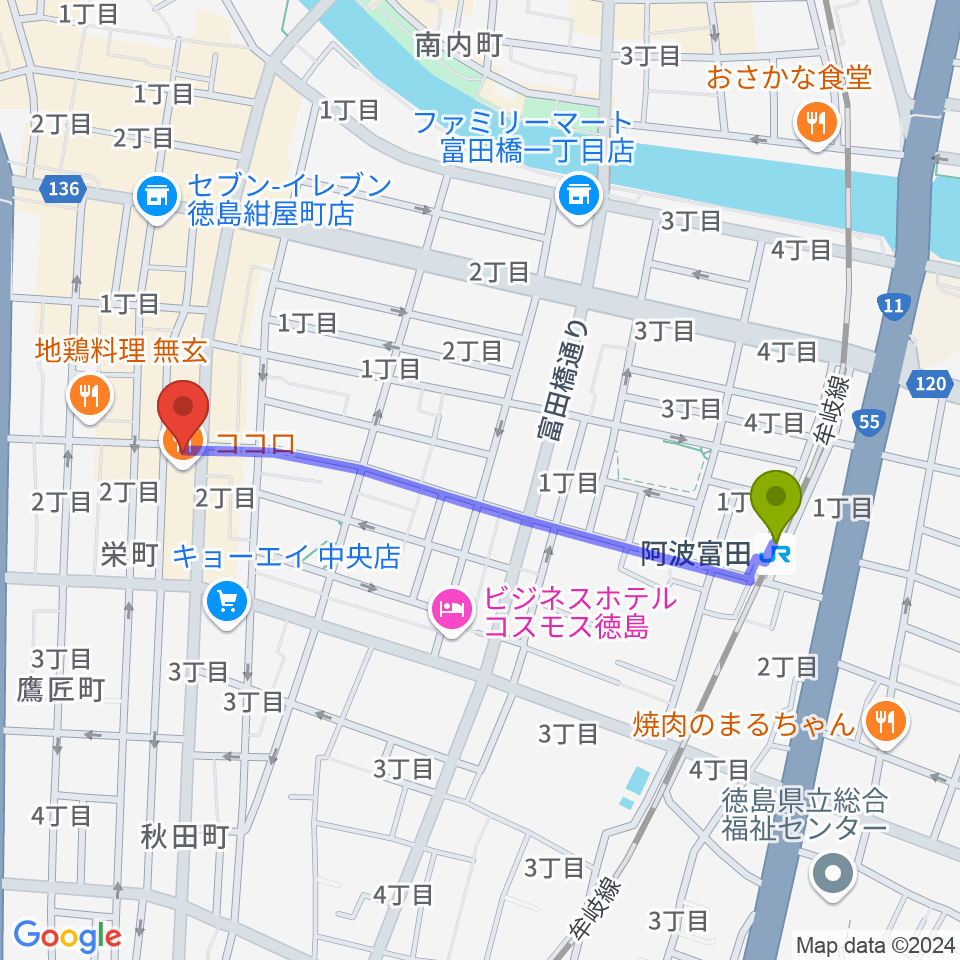 徳島SWINGの最寄駅阿波富田駅からの徒歩ルート（約10分）地図