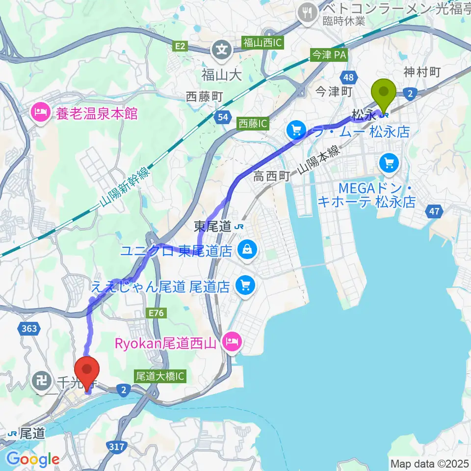 松永駅から尾道B×Bへのルートマップ地図