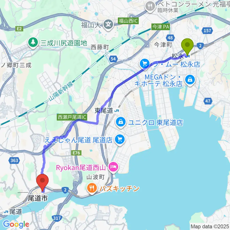 松永駅から尾道B×Bへのルートマップ地図