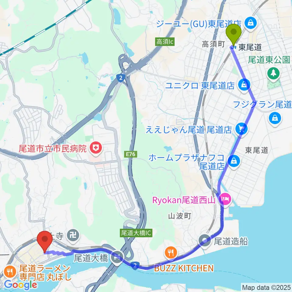 東尾道駅から尾道B×Bへのルートマップ地図