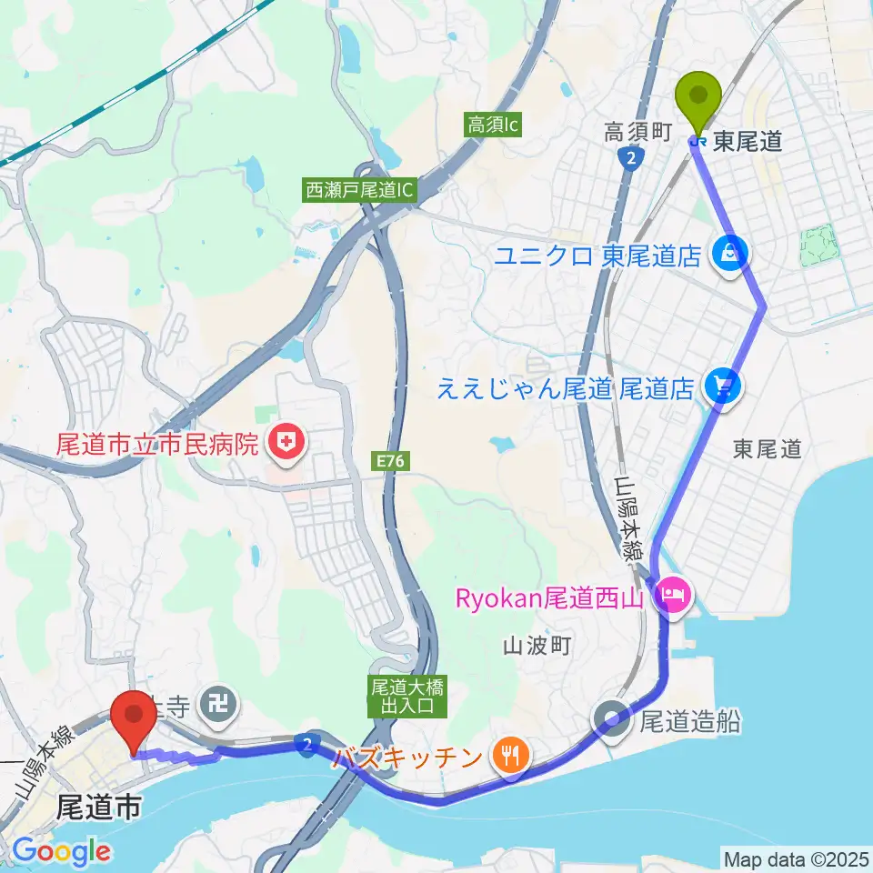東尾道駅から尾道B×Bへのルートマップ地図