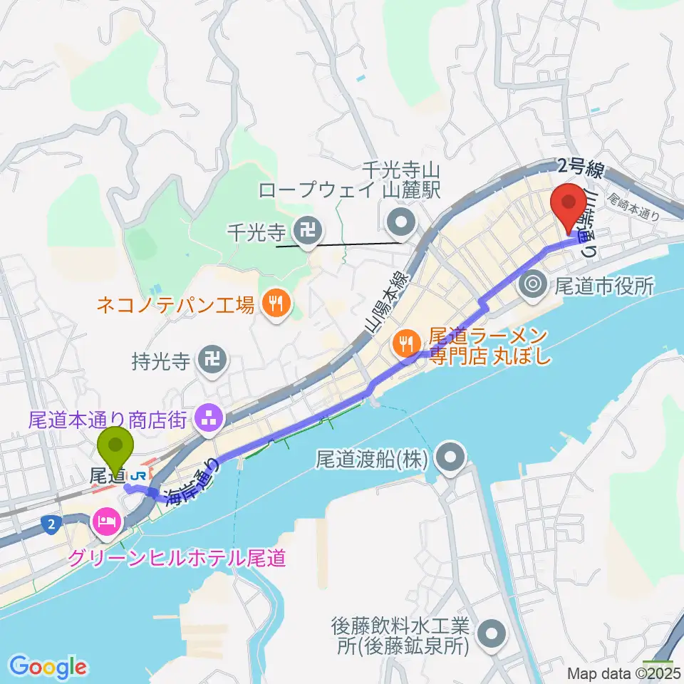 尾道B×Bの最寄駅尾道駅からの徒歩ルート（約24分）地図