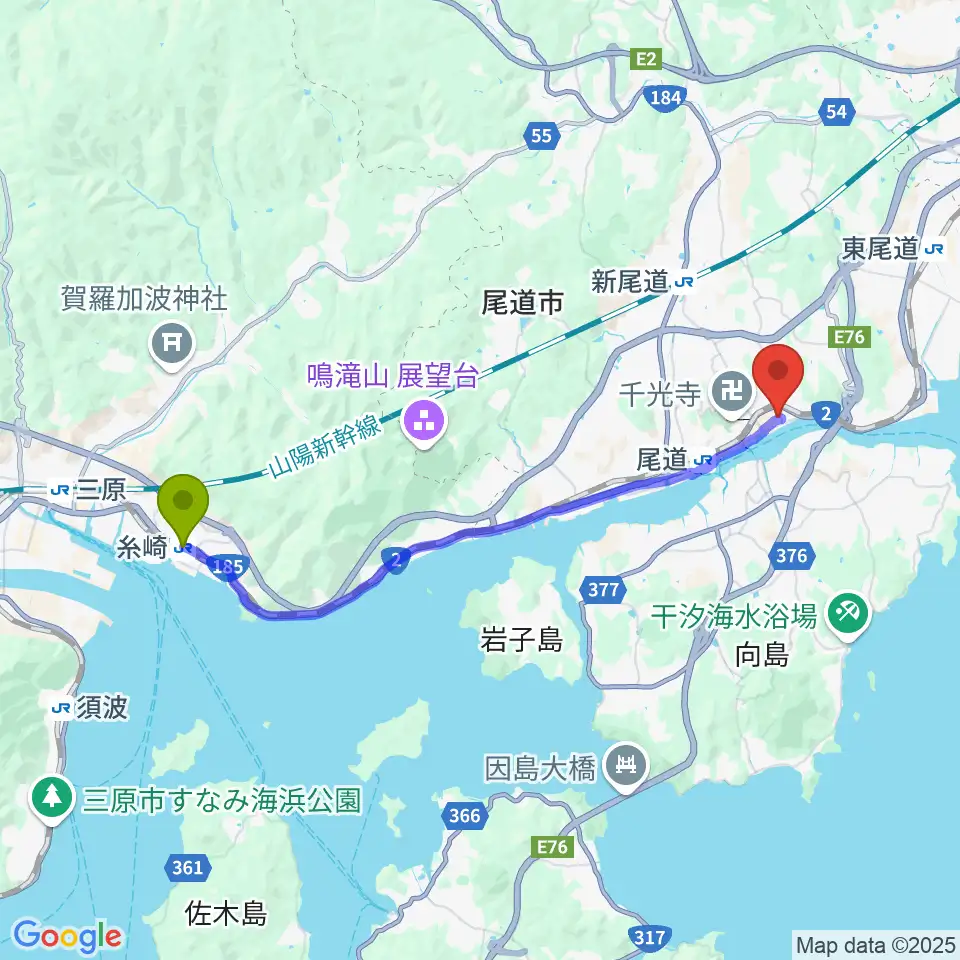糸崎駅から尾道B×Bへのルートマップ地図