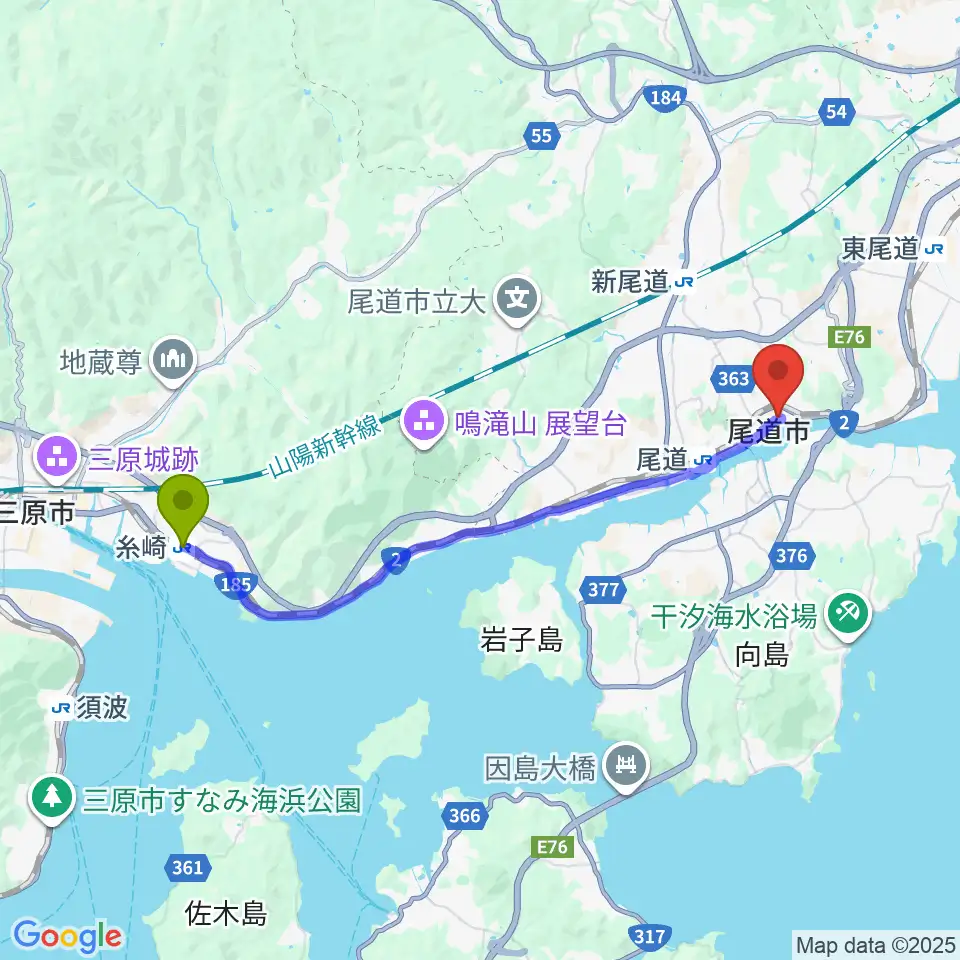 糸崎駅から尾道B×Bへのルートマップ地図