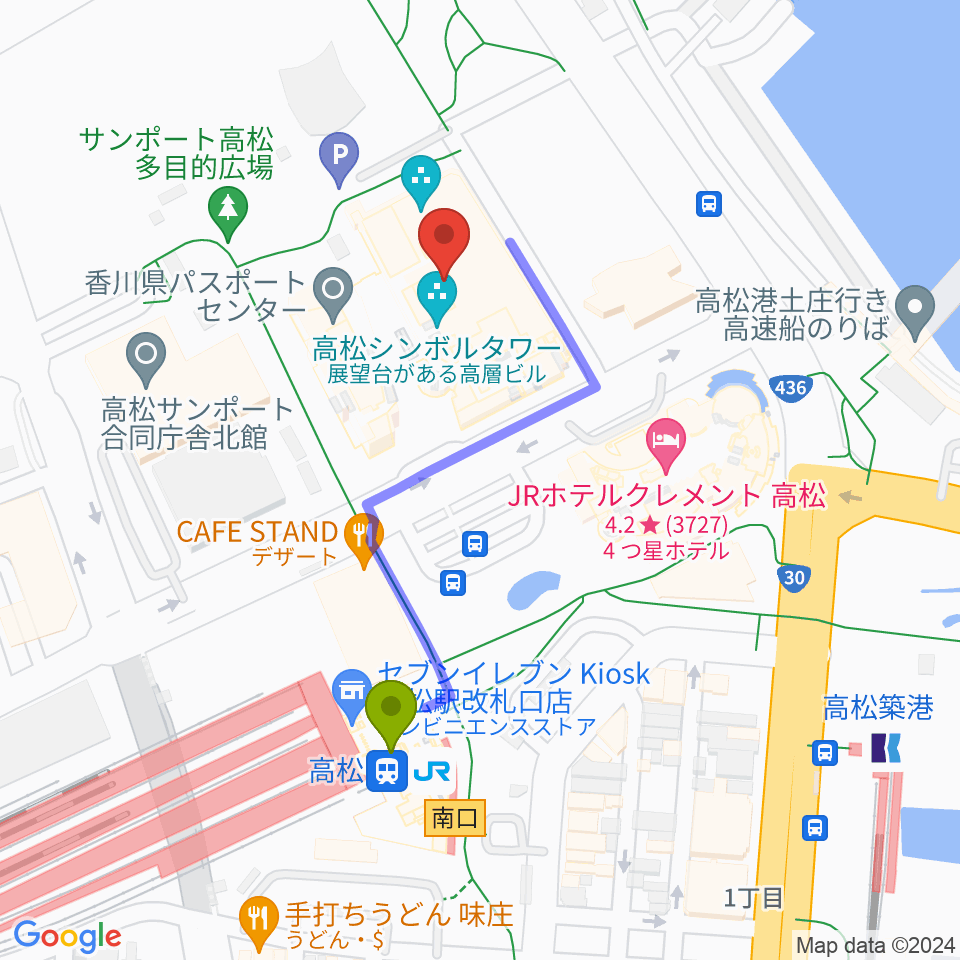 サンポートホール高松の最寄駅高松駅からの徒歩ルート（約4分）地図