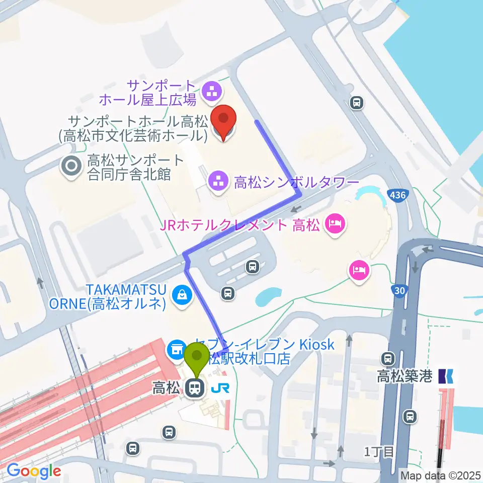 サンポートホール高松の最寄駅高松駅からの徒歩ルート（約4分）地図