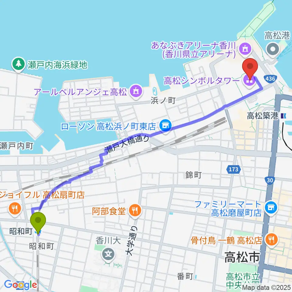 昭和町駅からサンポートホール高松へのルートマップ地図