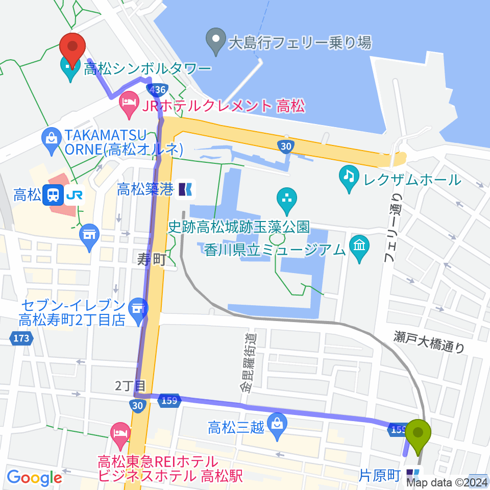 片原町駅からサンポートホール高松へのルートマップ地図