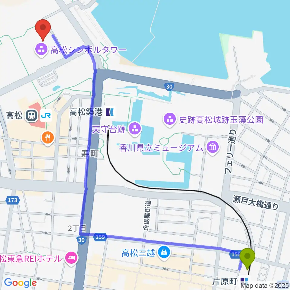 片原町駅からサンポートホール高松へのルートマップ地図