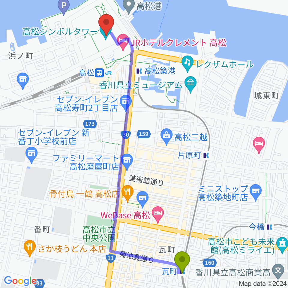 瓦町駅からサンポートホール高松へのルートマップ地図