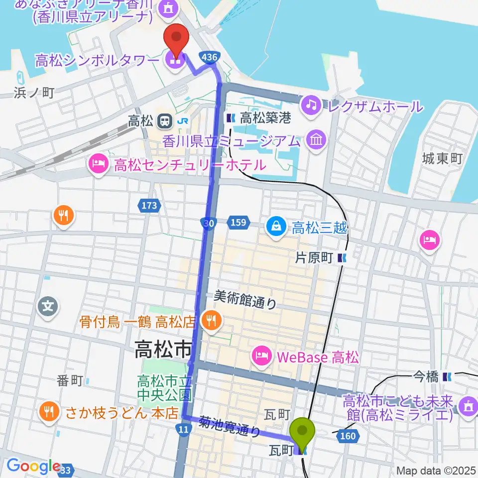 瓦町駅からサンポートホール高松へのルートマップ地図