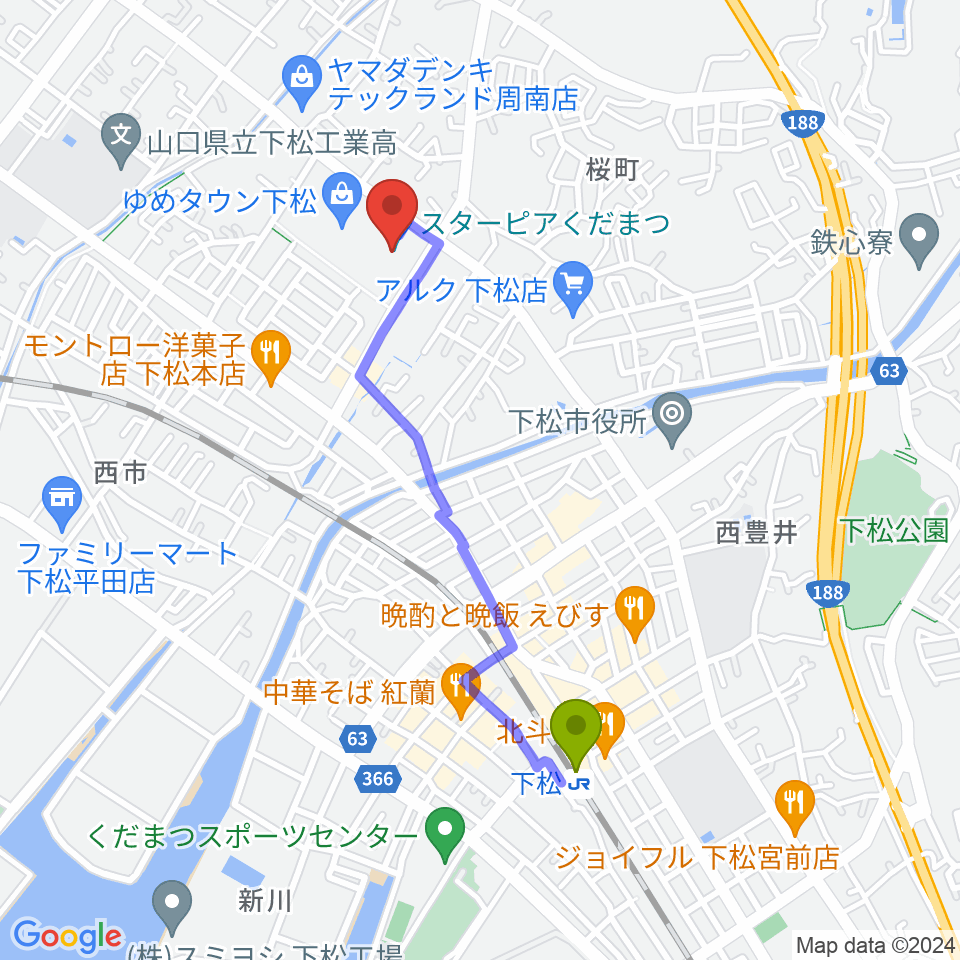 スターピアくだまつ 下松市文化会館の最寄駅下松駅からの徒歩ルート（約18分）地図