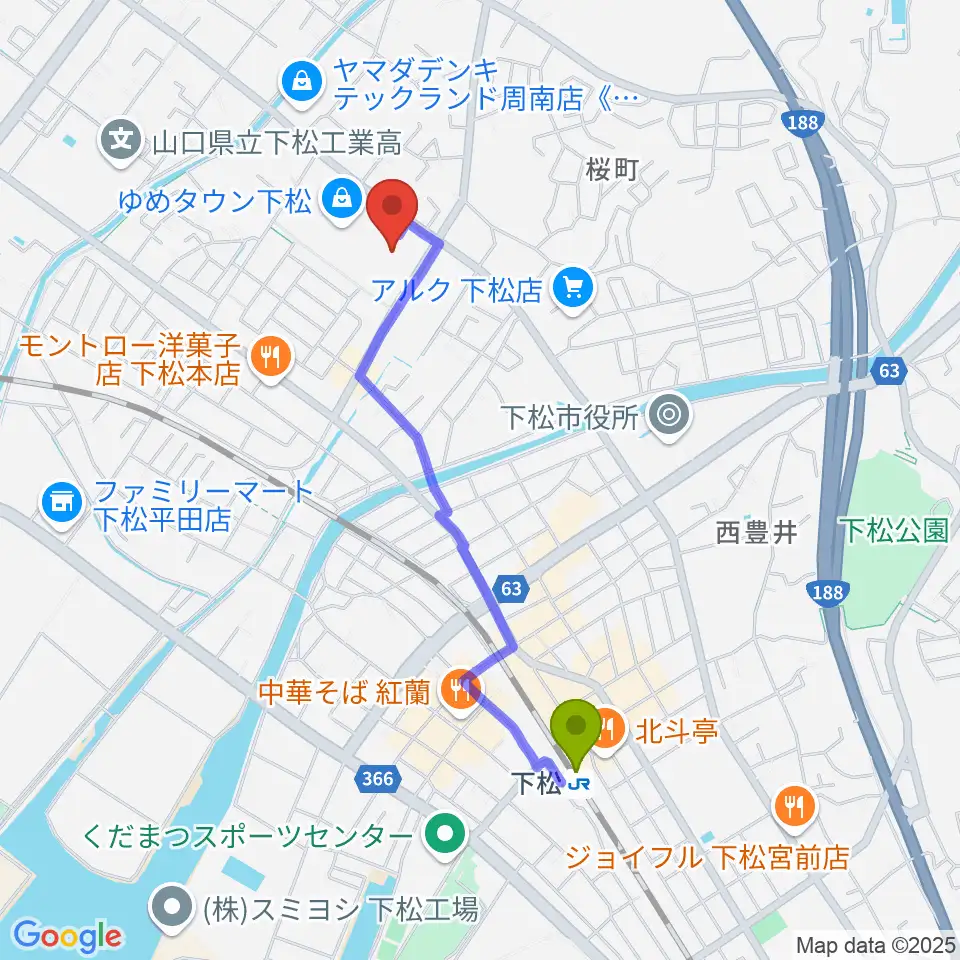 スターピアくだまつ 下松市文化会館の最寄駅下松駅からの徒歩ルート（約18分）地図