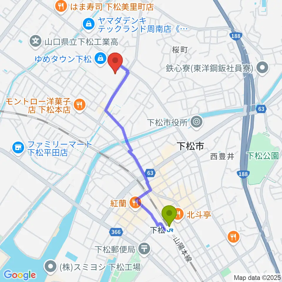 スターピアくだまつ 下松市文化会館の最寄駅下松駅からの徒歩ルート（約18分）地図
