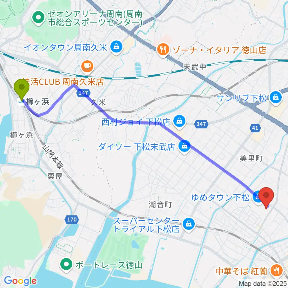 櫛ケ浜駅からスターピアくだまつ 下松市文化会館へのルートマップ地図