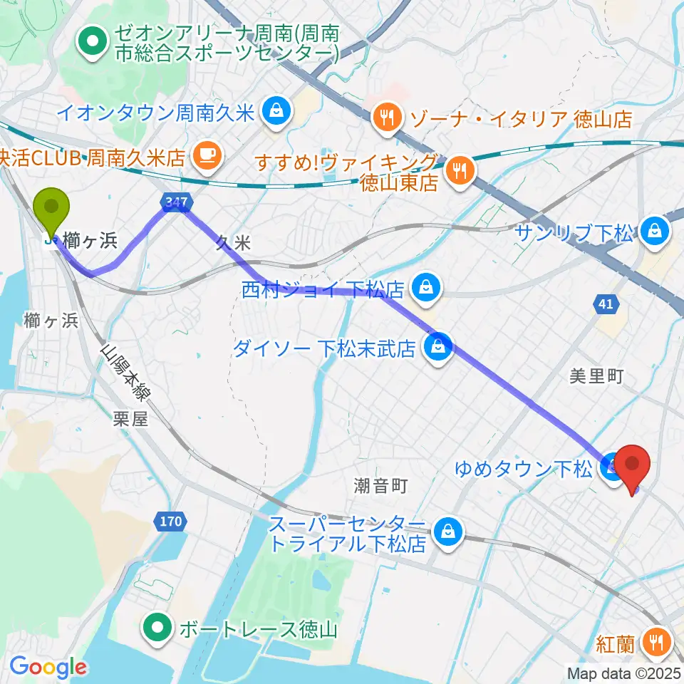 櫛ケ浜駅からスターピアくだまつ 下松市文化会館へのルートマップ地図