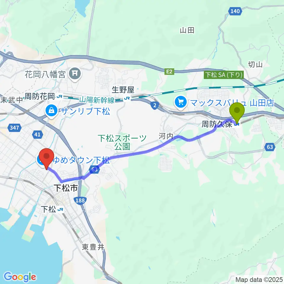 周防久保駅からスターピアくだまつ 下松市文化会館へのルートマップ地図