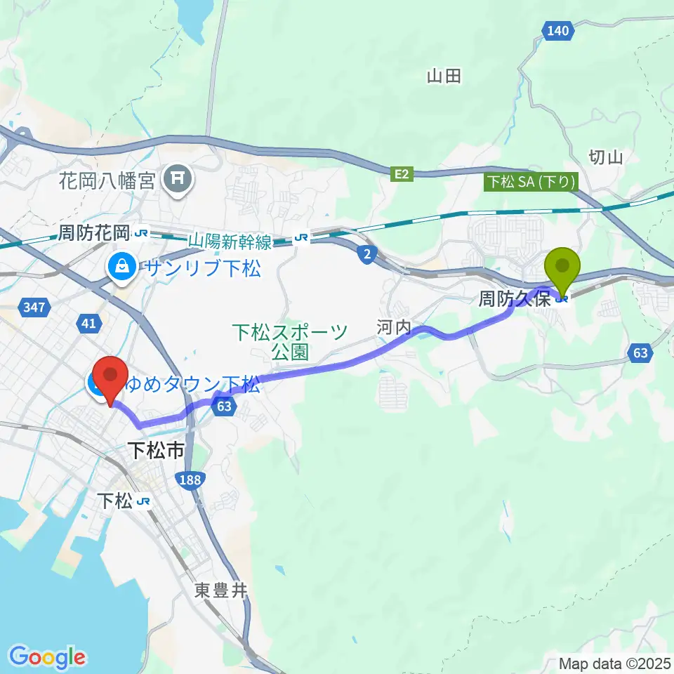 周防久保駅からスターピアくだまつ 下松市文化会館へのルートマップ地図