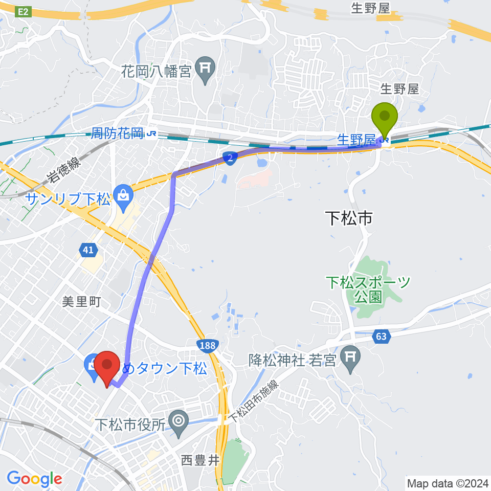 生野屋駅からスターピアくだまつ 下松市文化会館へのルートマップ地図